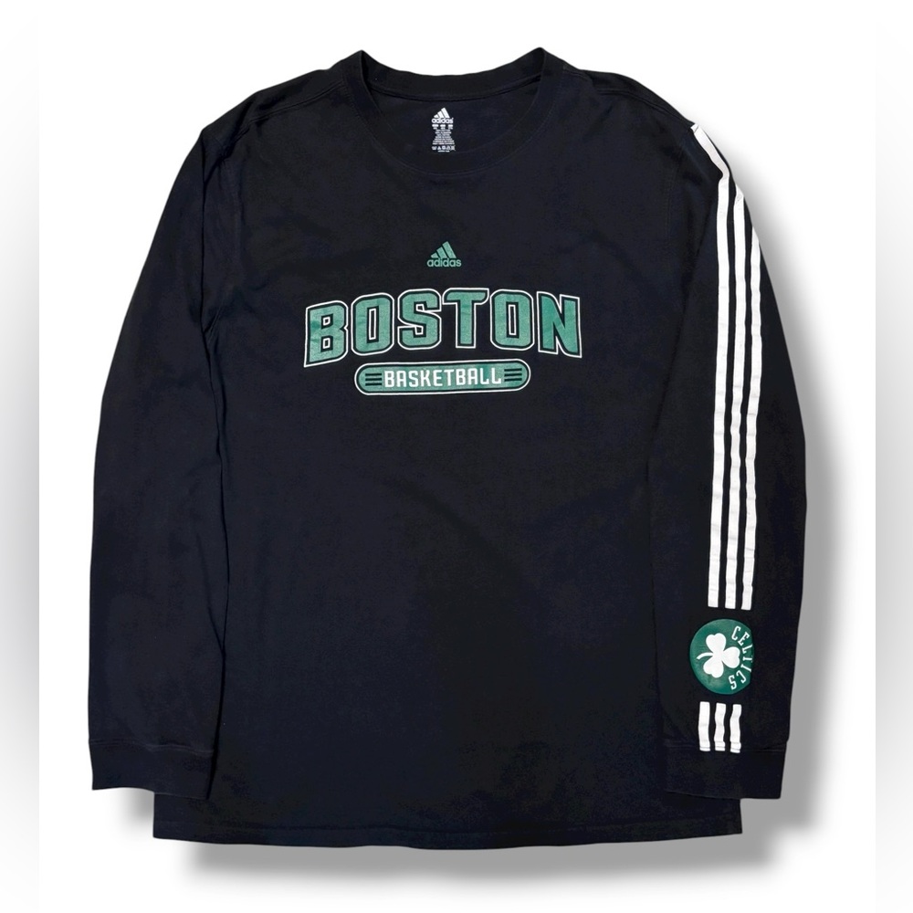 ADIDAS Black Crew Neck Long Sleeve Shirt Boston Celtics Graphic Front & Sleeve